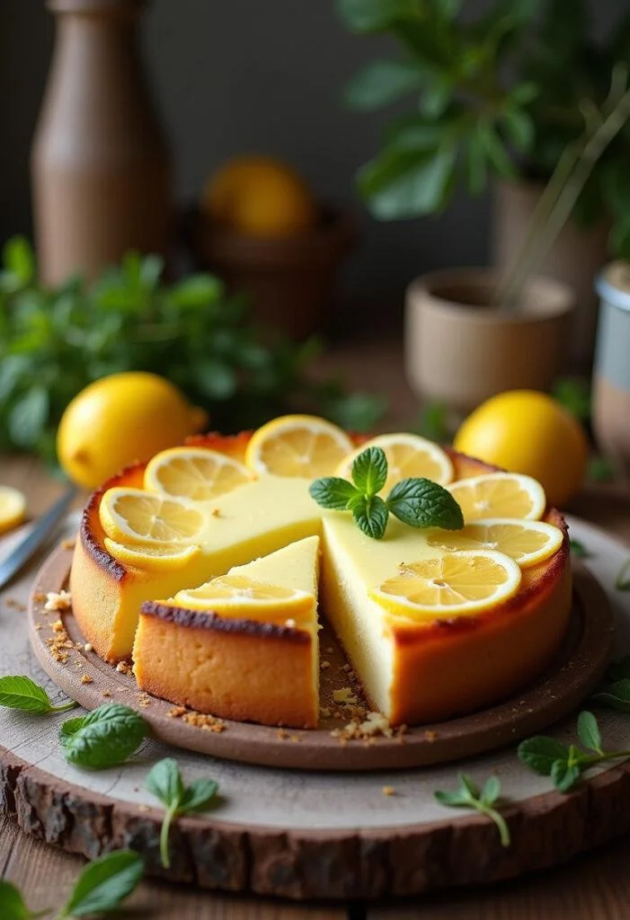 Gâteau au fromage blanc citron léger parfaitement cuit, décoré de tranches de citron et de menthe, prêt à être dégusté. Recette délicieuse et facile.
