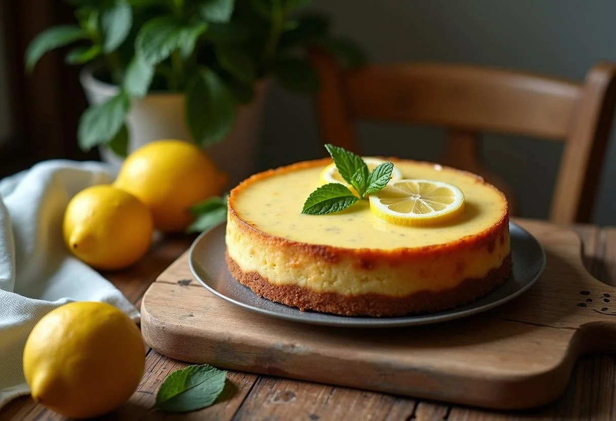 Gâteau au fromage blanc citron léger parfaitement cuit, décoré de tranches de citron et de menthe, prêt à être dégusté. Recette délicieuse et facile.