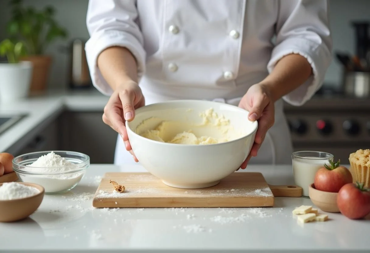 Préparation d'un gâteau au fromage blanc citron léger avec des outils de cuisine dans une cuisine bien éclairée. Recette facile à réaliser.
