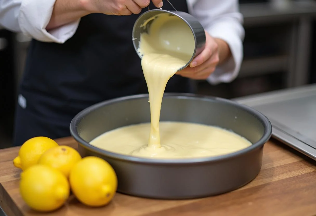 Verser la pâte du gâteau au fromage blanc dans un moule, mettant en valeur les ingrédients frais. Préparation express.