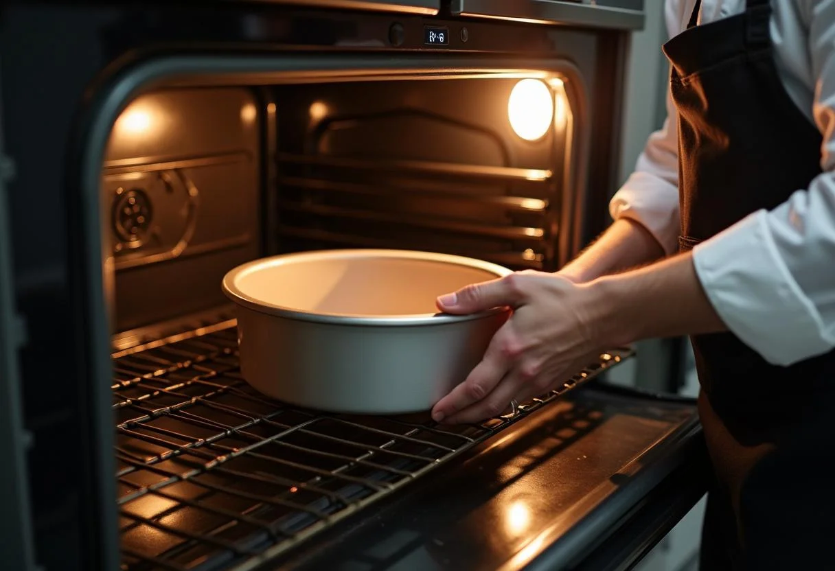 Placer le moule à gâteau au fromage blanc dans le four. Une étape essentielle pour un plat rapide.