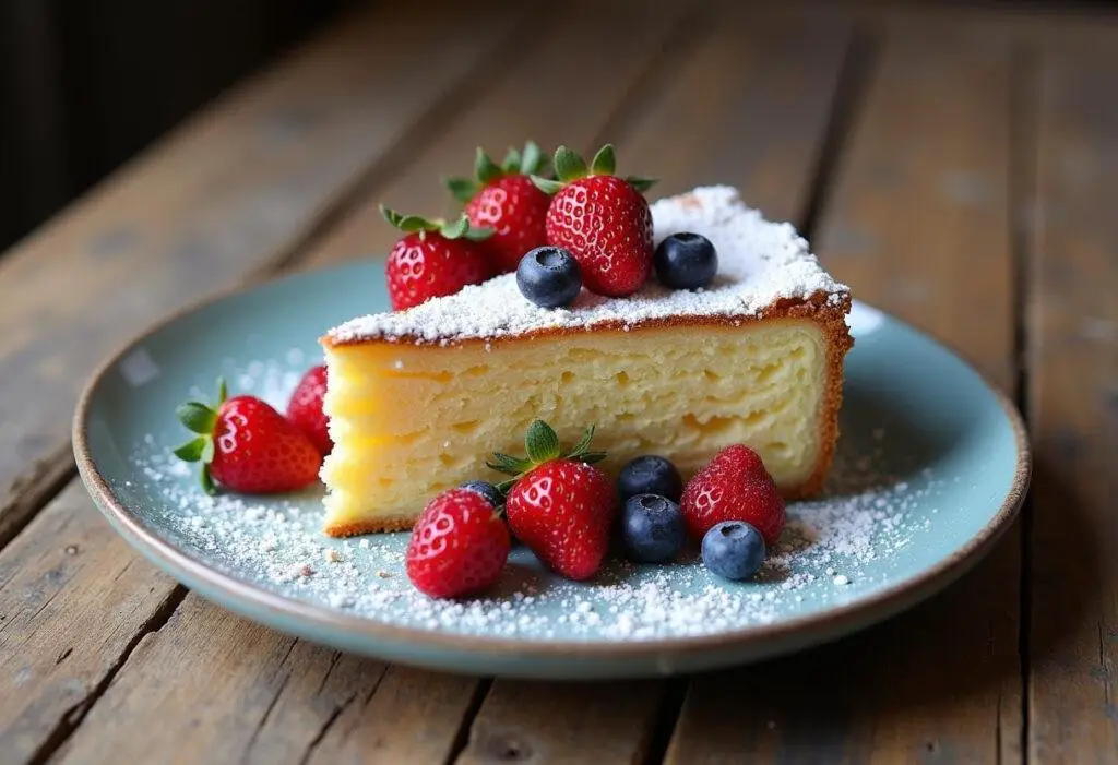 Une part de gateau du petit déjeuner présentée avec des baies fraîches et du sucre glace sur une table rustique.