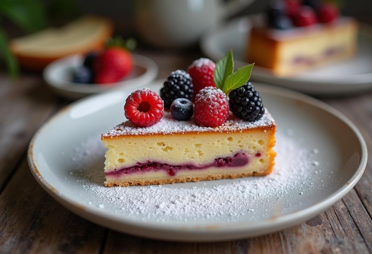 Une part de gateau du petit déjeuner présentée avec des baies fraîches et du sucre glace sur une table rustique.