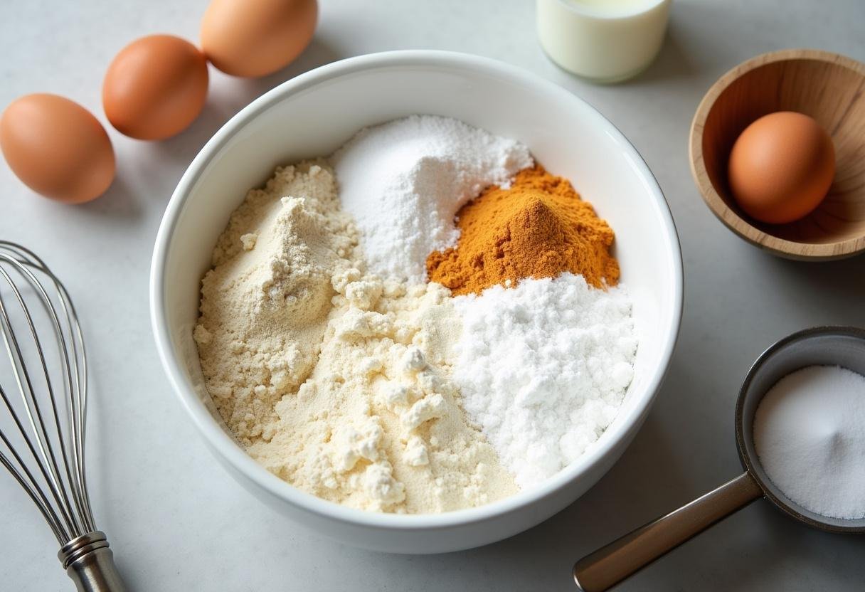 Mélange de farine, sucre et levure pour gâteau du petit déjeuner sur un plan de travail de cuisine.