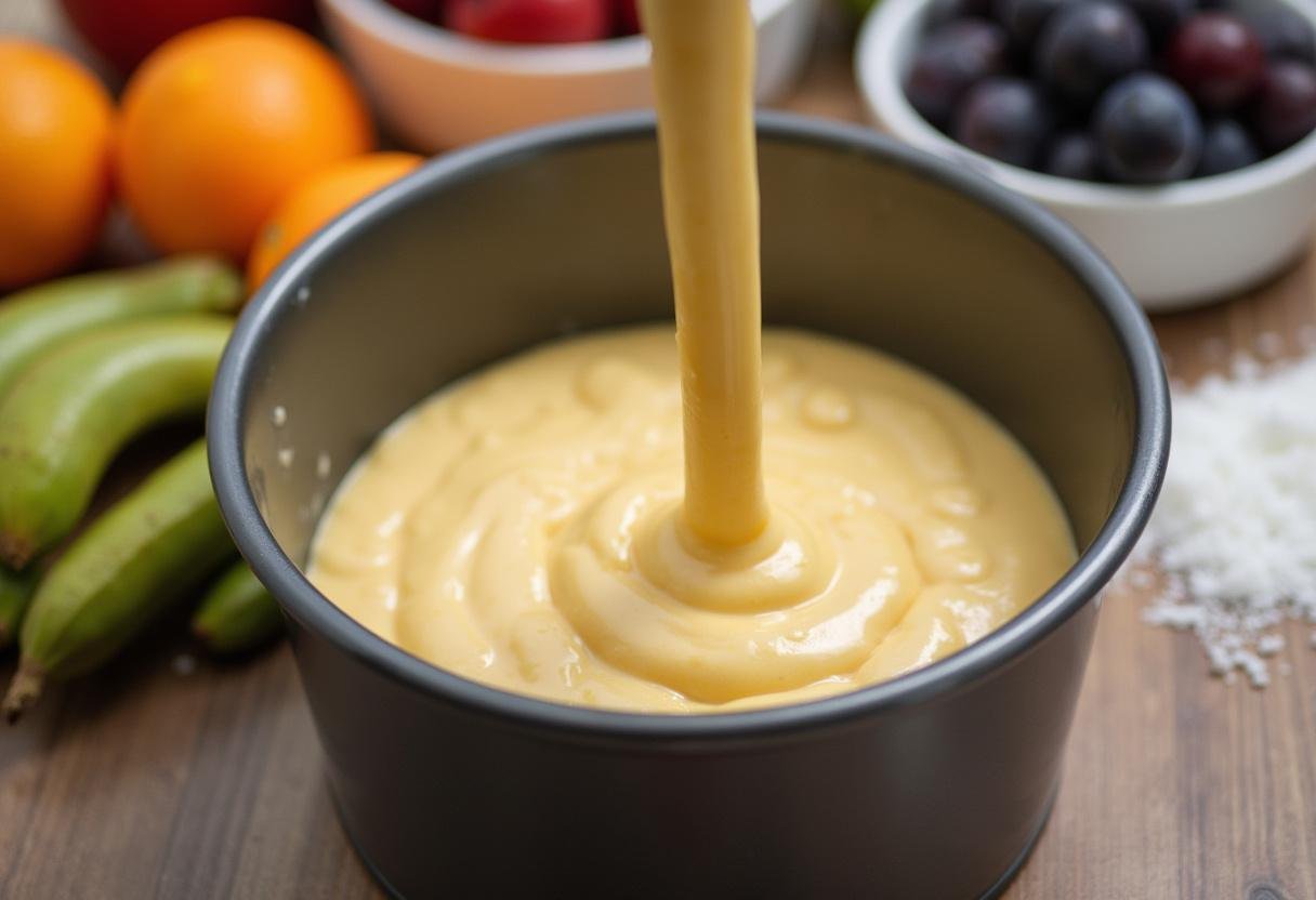 Pâte à gâteau versée dans un moule pour préparer un gateau du petit déjeuner, avec des fruits à proximité.