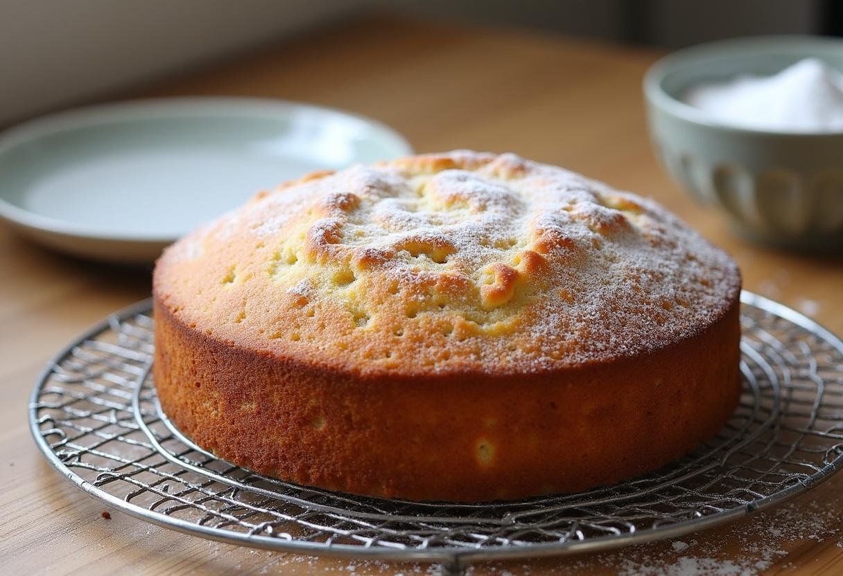 Gâteau du petit déjeuner refroidissant sur une grille, prêt à être decoré avant de servir.