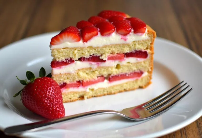 Partie d'un gâteau au mascarpone et fraises, parfaitement présentée sur une assiette avec une fraise fraîche, tout en mettant en valeur une douceur irrésistible.