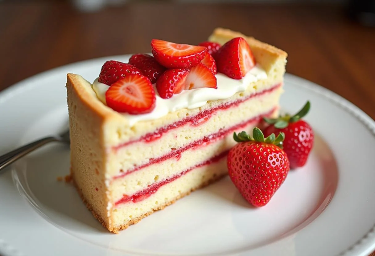 Partie d'un gâteau au mascarpone et fraises, parfaitement présentée sur une assiette avec une fraise fraîche, tout en mettant en valeur une douceur irrésistible.