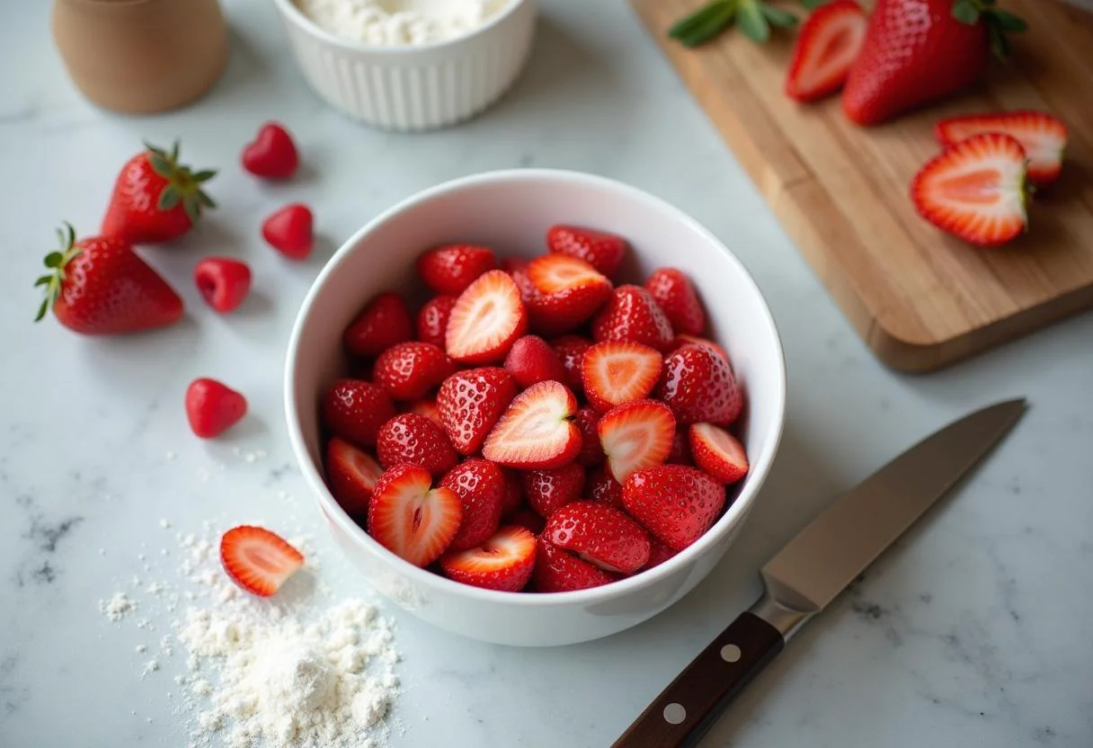 Préparation des fraises pour le gâteau au mascarpone et fraises avec des fraises fraîches sur une planche à découper, ambiance de cuisine accueillante.