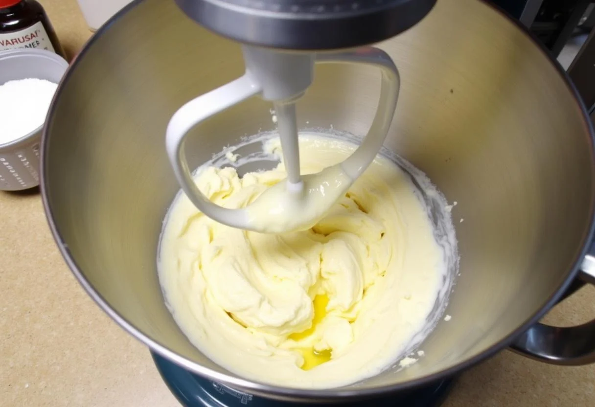 Mélange de mascarpone et de crème pour le gâteau mascarpone et fraises, création d'une texture crémeuse et légère dans une cuisine moderne.
