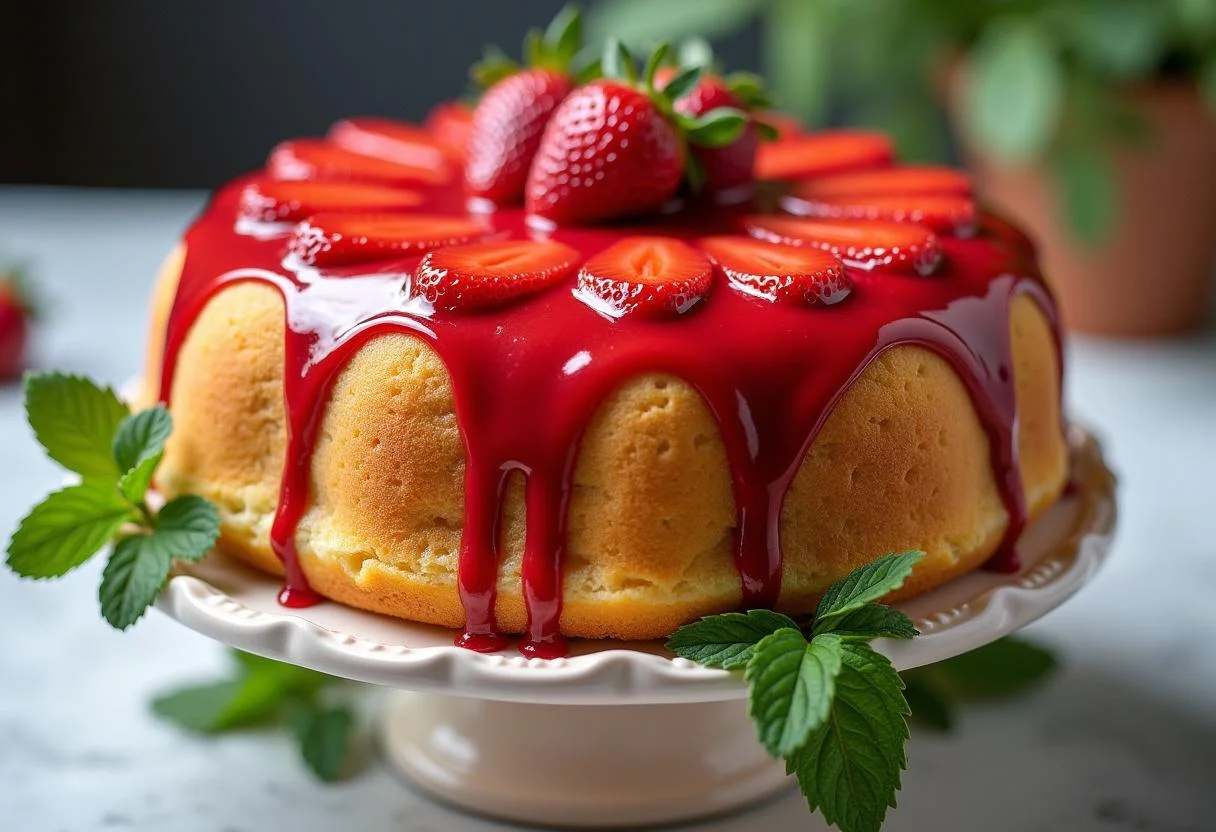 Gâteau mascarpone et fraises parfaitement décoré avec un glaçage brillant, sur un support à gâteau élégant, dans une cuisine lumineuse.