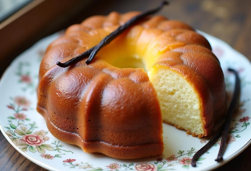 Un gateau moelleux à la vanille parfait, présenté magnifiquement sur une assiette avec des gousses de vanille.