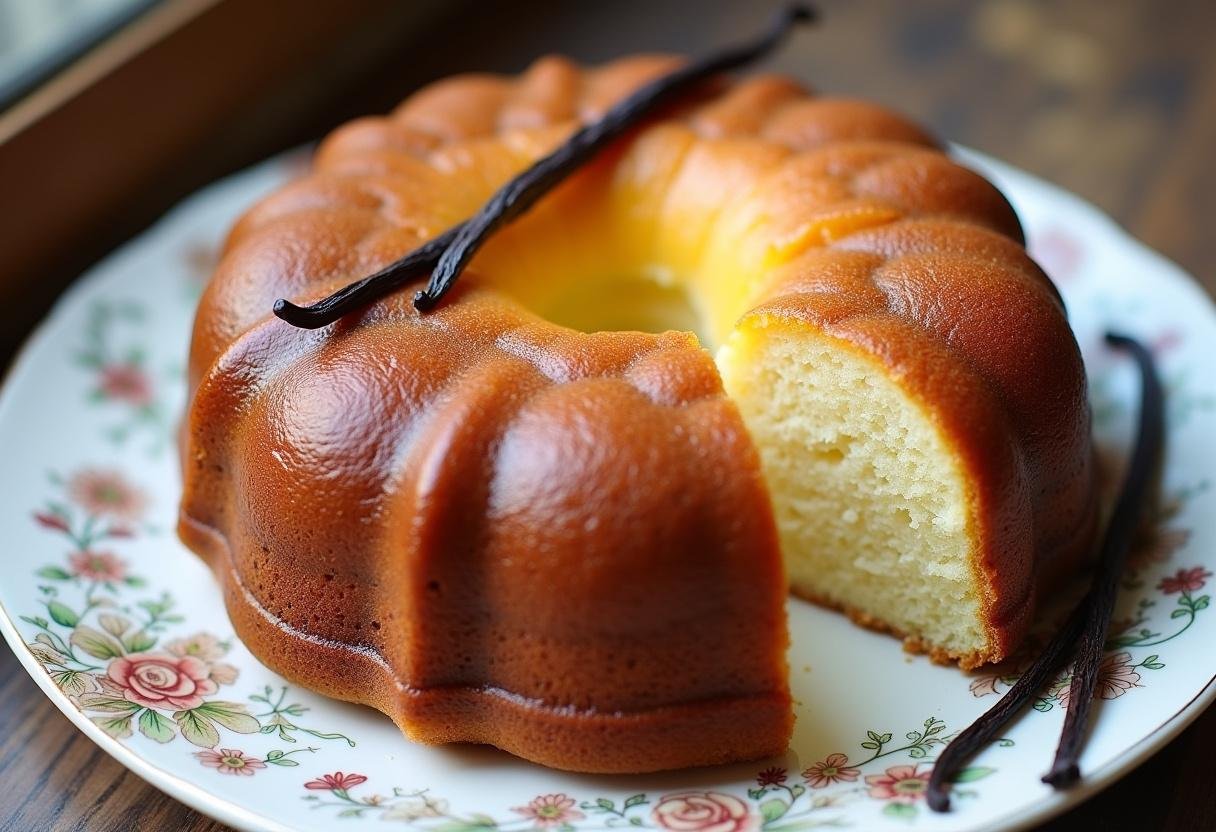 Un gateau moelleux à la vanille parfait, présenté magnifiquement sur une assiette avec des gousses de vanille.
