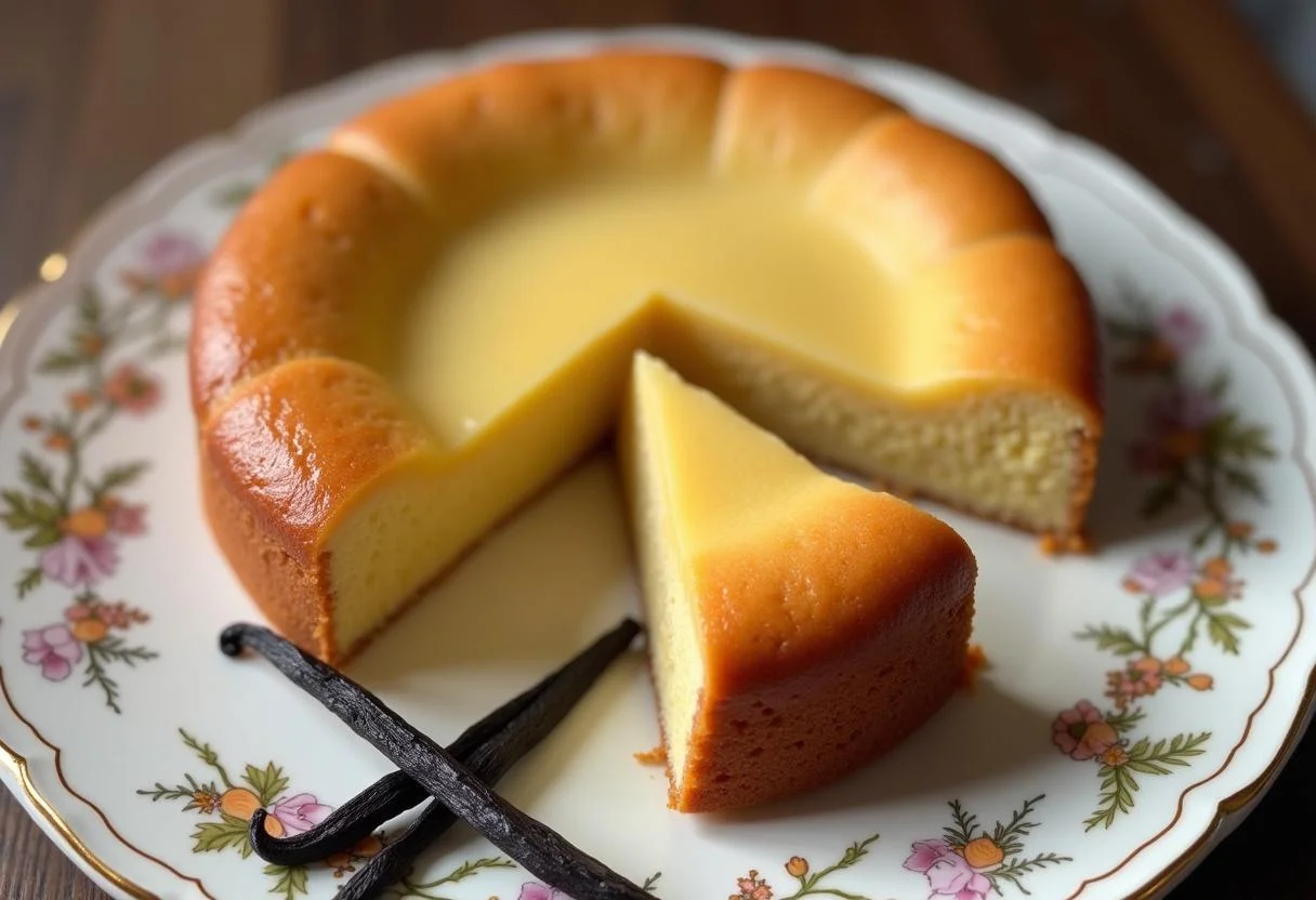 Un gateau moelleux à la vanille parfait, présenté magnifiquement sur une assiette avec des gousses de vanille.