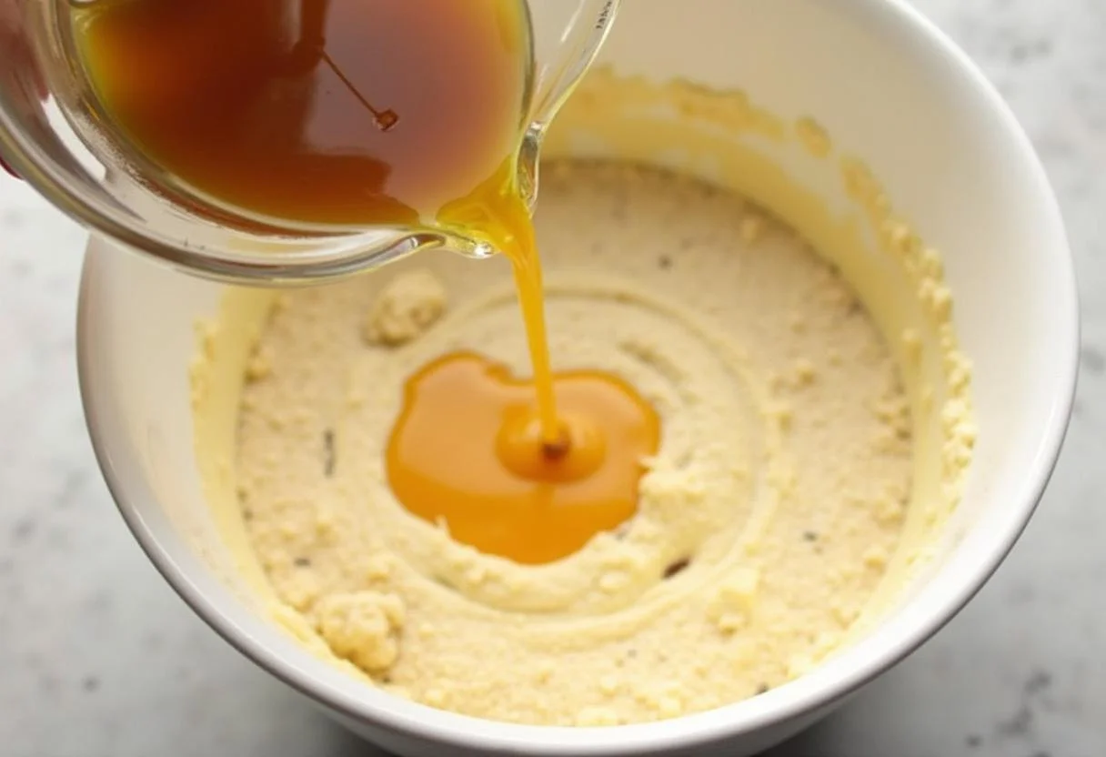 Mélange de beurre fondu et d'extrait de vanille pour gateau moelleux vanille, ajoutés aux ingrédients secs.