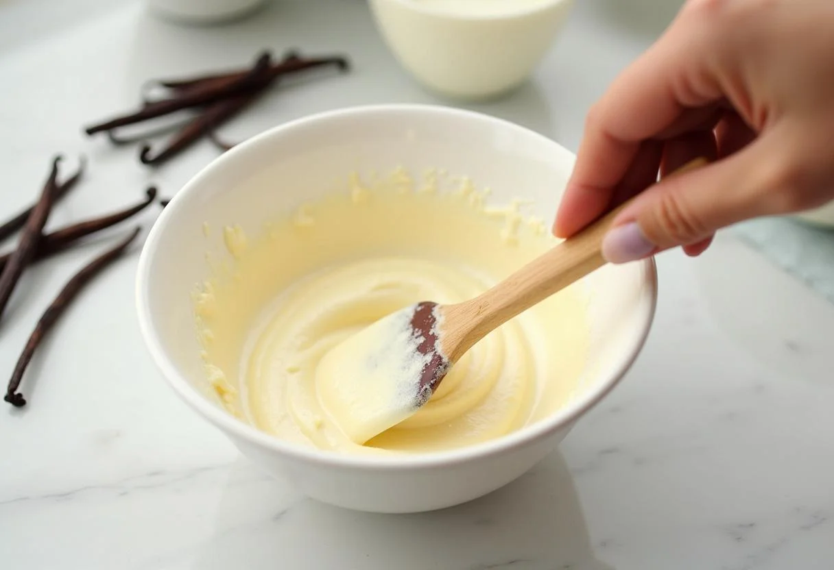 Batterie crémeuse pour gateau moelleux à la vanille, mélangée délicatement avec une spatule.