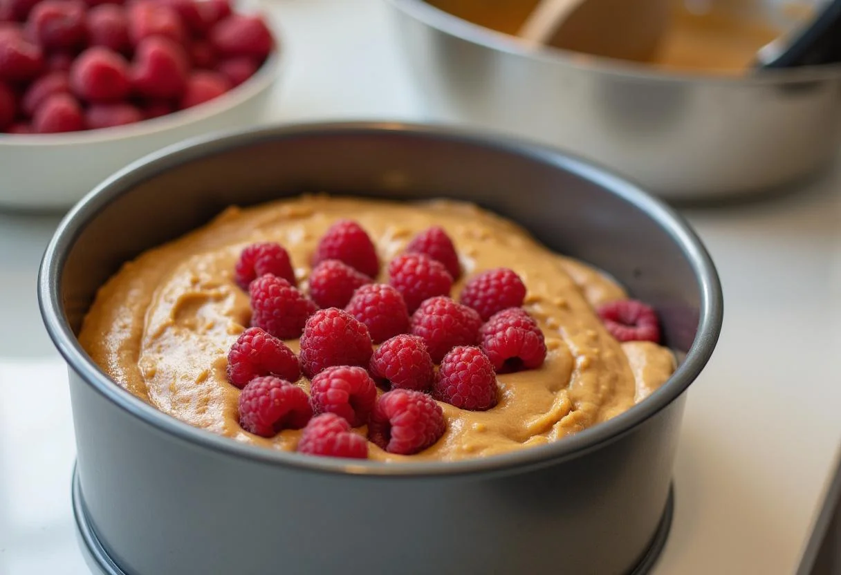 Mise en place de la pâte à gâteau pistache et framboises dans un moule, prête à être cuite au four.