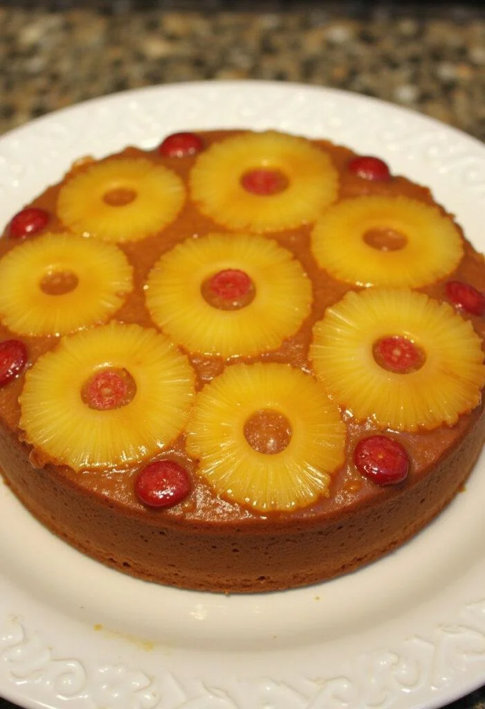 Présentation finale du Gâteau à l'Ananas Caramélisé et Moelleux sur un plat, mettant en valeur les rondelles d'ananas caramélisées.