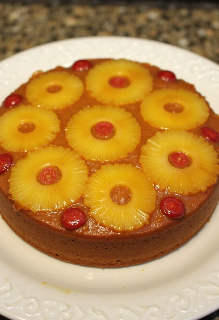Présentation finale du Gâteau à l'Ananas Caramélisé et Moelleux sur un plat, mettant en valeur les rondelles d'ananas caramélisées.