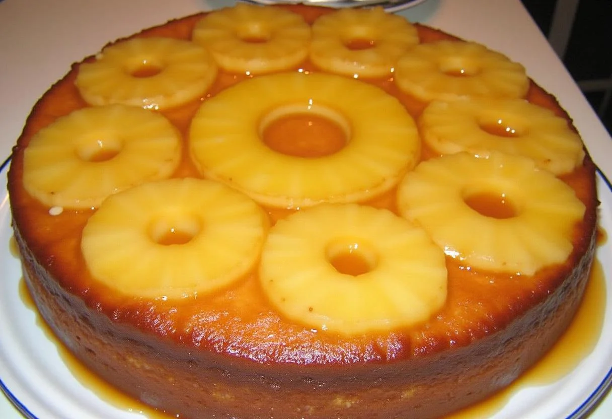 Présentation finale du Gâteau à l'Ananas Caramélisé et Moelleux sur un plat, mettant en valeur les rondelles d'ananas caramélisées.