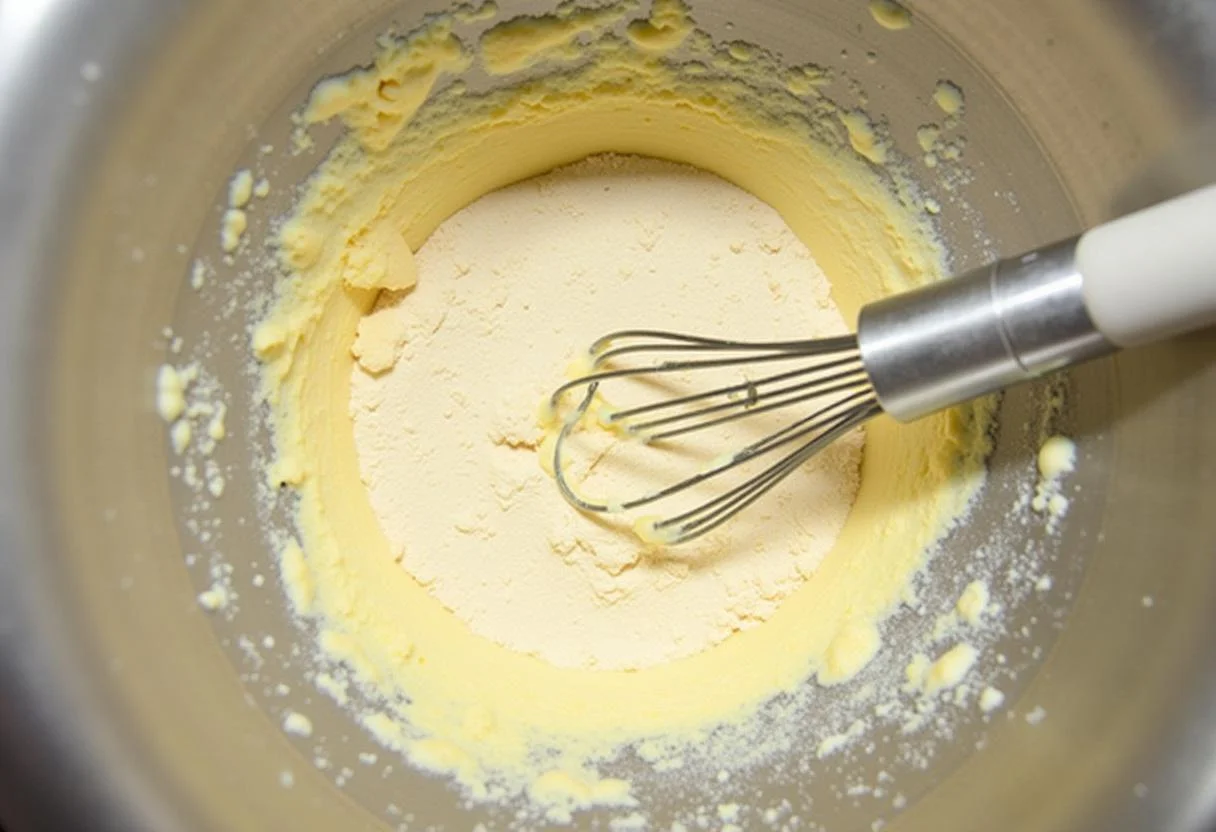 Mélange des ingrédients secs et humides pour le Gâteau à l'Ananas Caramélisé et Moelleux, montrant la préparation de la pâte.