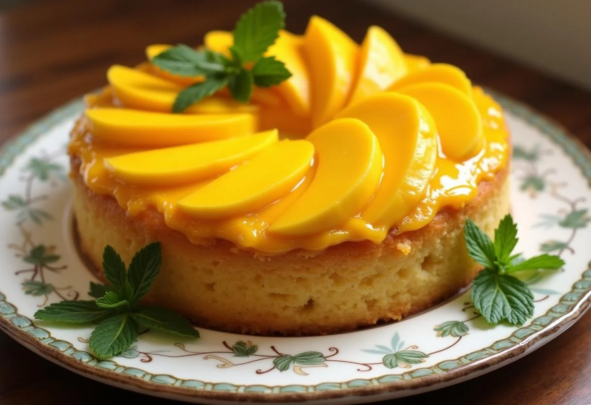 Un gâteau à la mangue exotique fini, décoré de tranches de mangue fraîches et de feuilles de menthe, prêt à être servi.