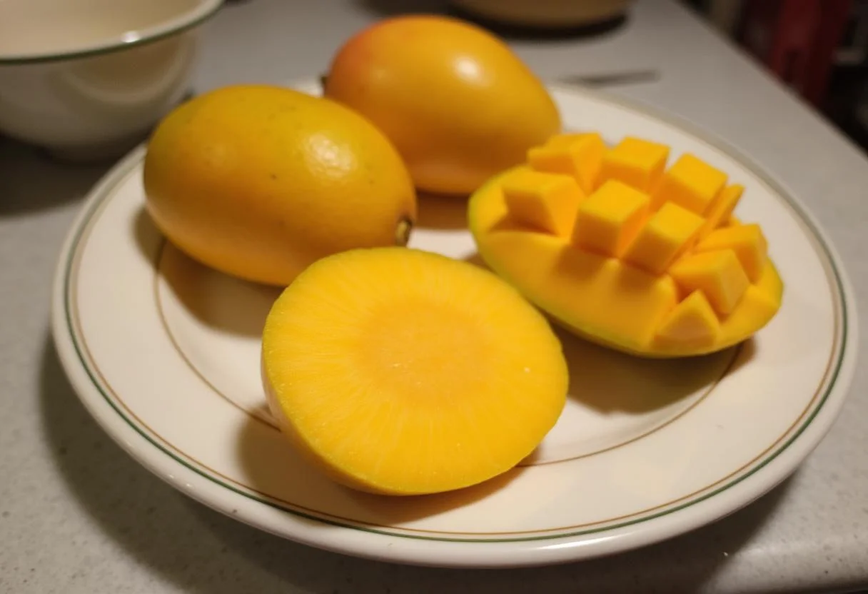 Ingrédients frais pour un gâteau à la mangue exotique avec des mangues juteuses et des produits de boulangerie sur un plan de travail de cuisine.