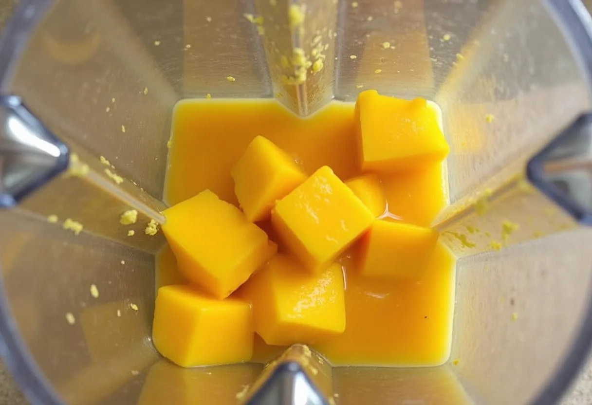 Un mélangeur sur un plan de travail créant une purée de mangue pour le gâteau à la mangue exotique, avec des morceaux de mangue et de la purée lumineuse.