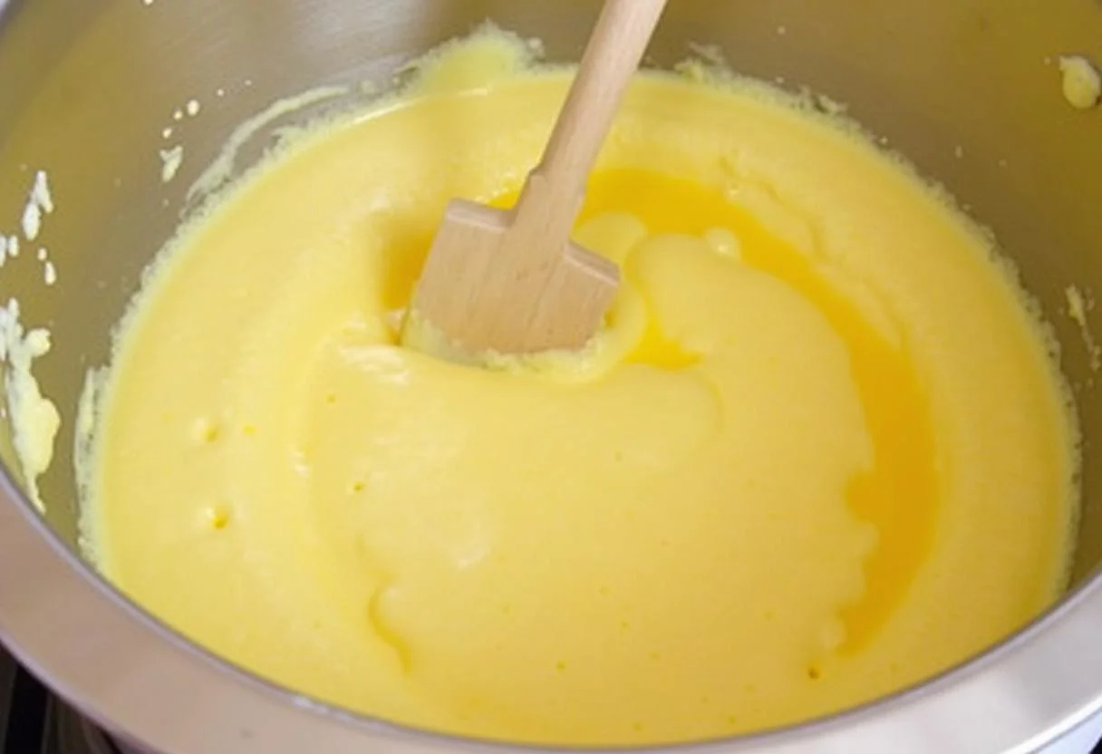 Un bol de mélange de beurre et de sucre crémeux pour un gâteau à la mangue exotique, avec une texture légère et aérée.