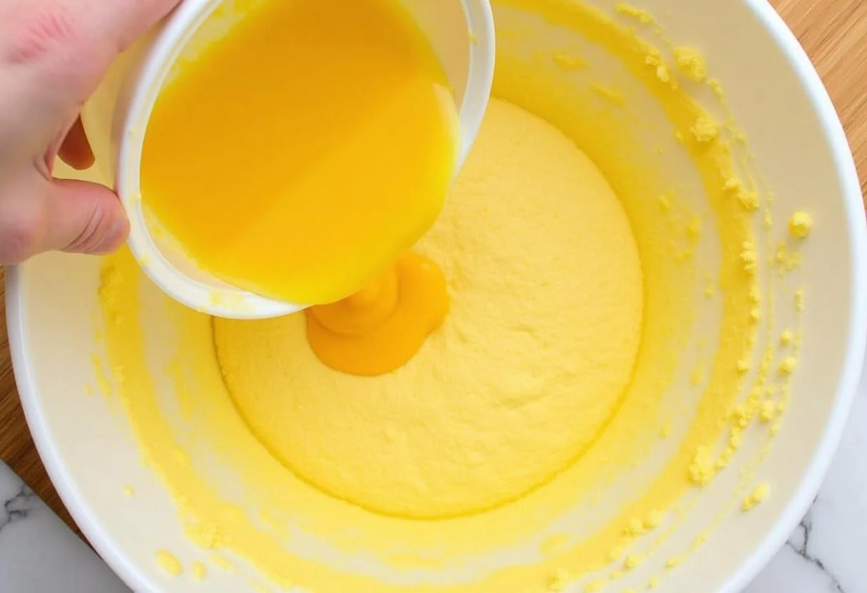 Incorporation de la purée de mangue dans un mélange de gâteau à la mangue exotique, avec une pâte douce et jaune dans un grand bol.