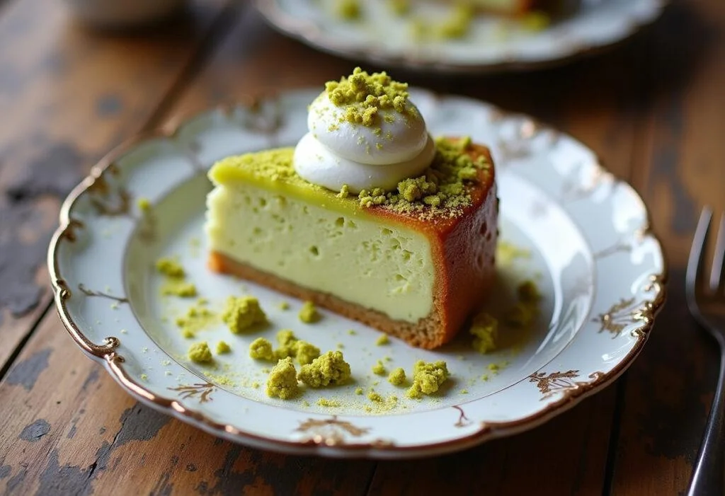 Tranche de gateau à la pistache joliment présentée avec des pistaches concassées et de la crème fouettée, sur une assiette élégante.