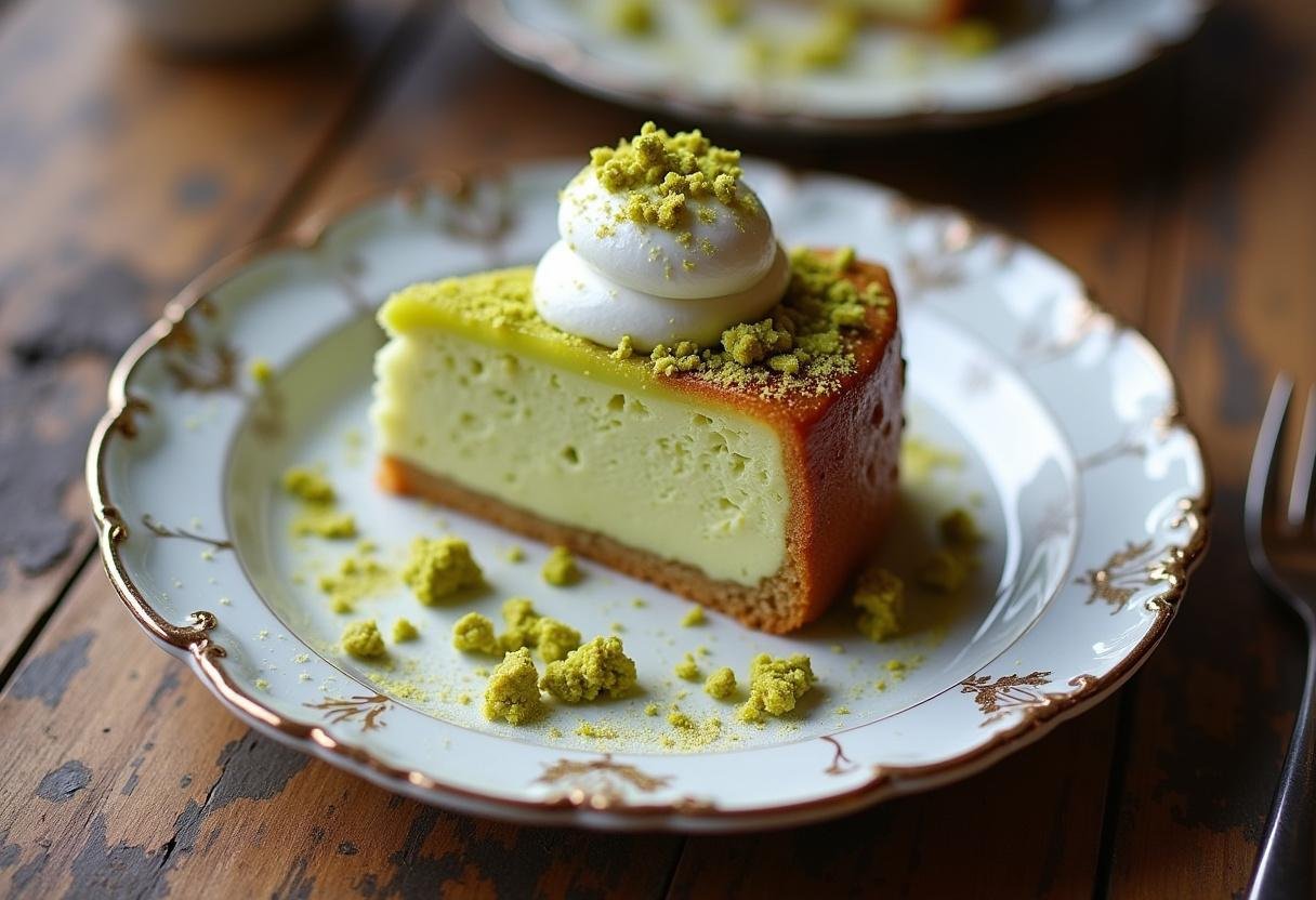 Tranche de gateau à la pistache joliment présentée avec des pistaches concassées et de la crème fouettée, sur une assiette élégante.