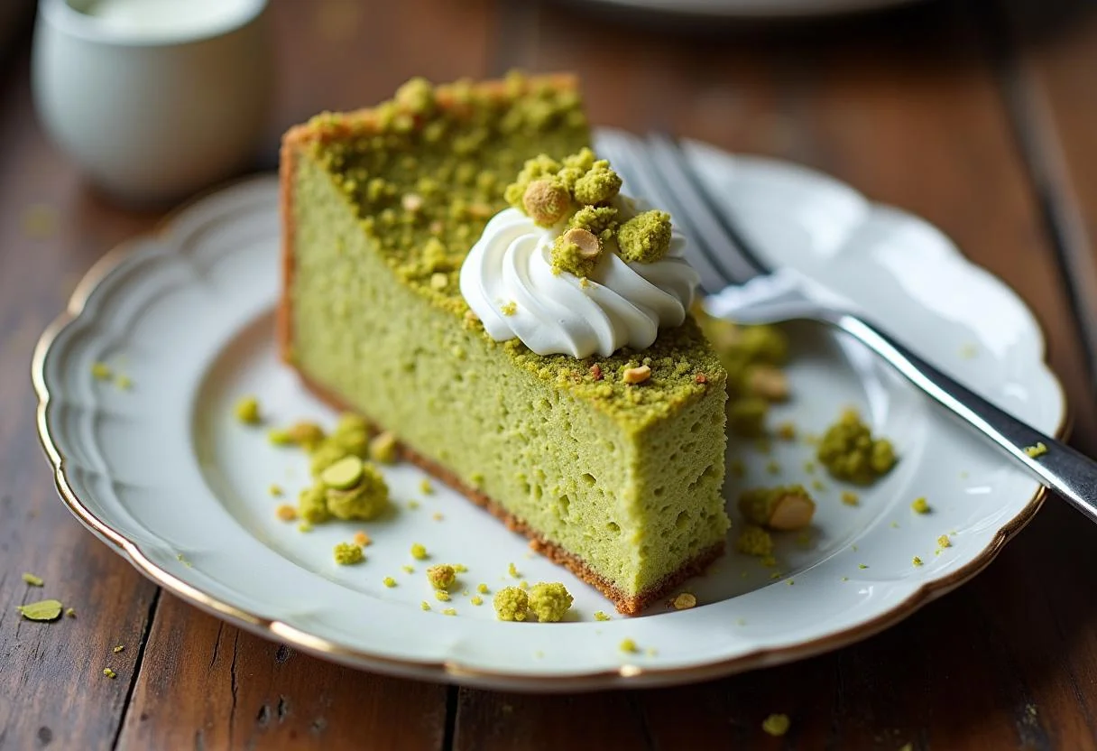 Tranche de gateau à la pistache joliment présentée avec des pistaches concassées et de la crème fouettée, sur une assiette élégante.