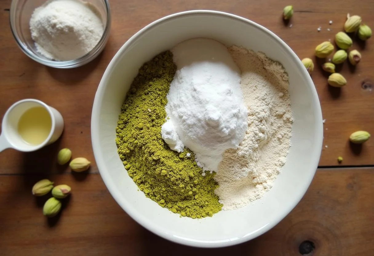 Mélange de pistaches, farine et sucre dans un bol, ingrédients soigneusement mesurés pour le gâteau à la pistache.