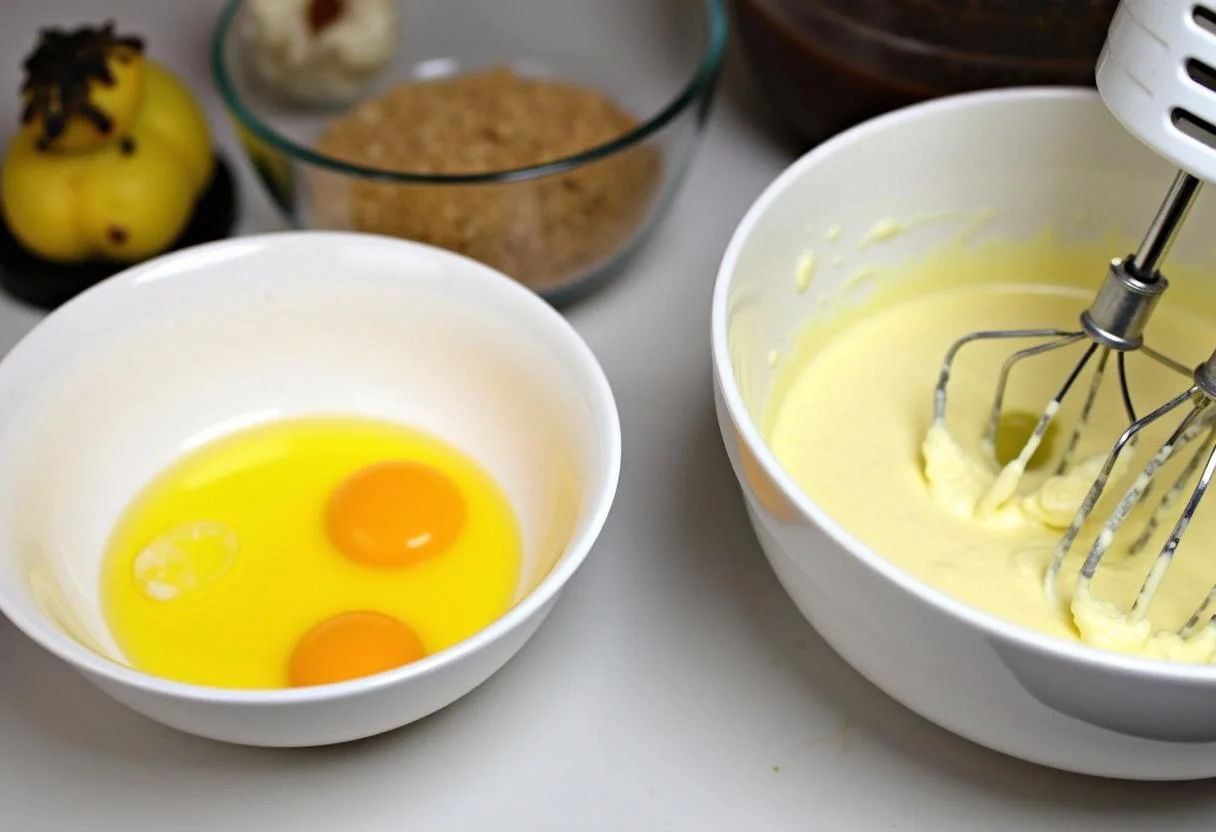 Bols avec des jaunes et des blancs d'œufs, mélange crémeux de beurre et de sucre en train d'être fouetté pour le gateau à la pistache.
