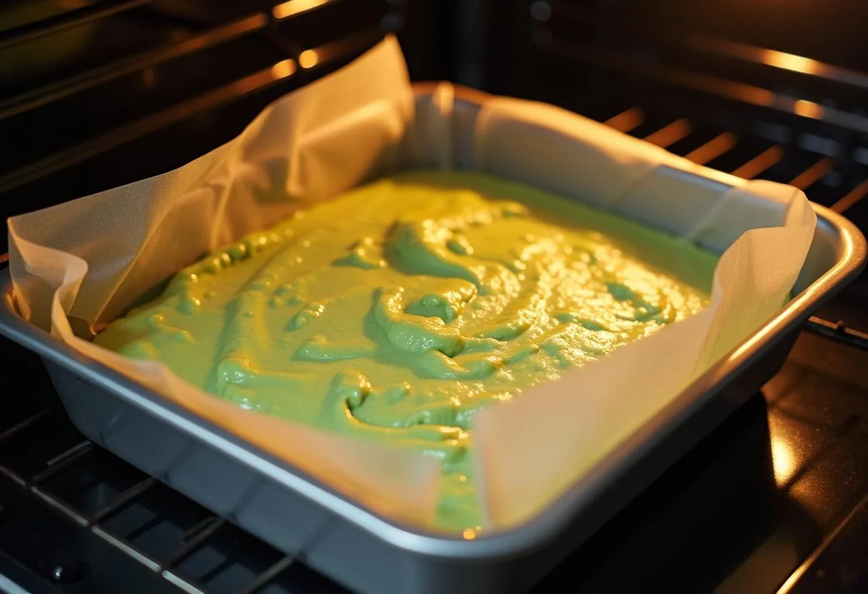 Mélange de pâte de pistache vert clair versé dans un moule, prêt à être cuit au four pour le gateaux au pistache.