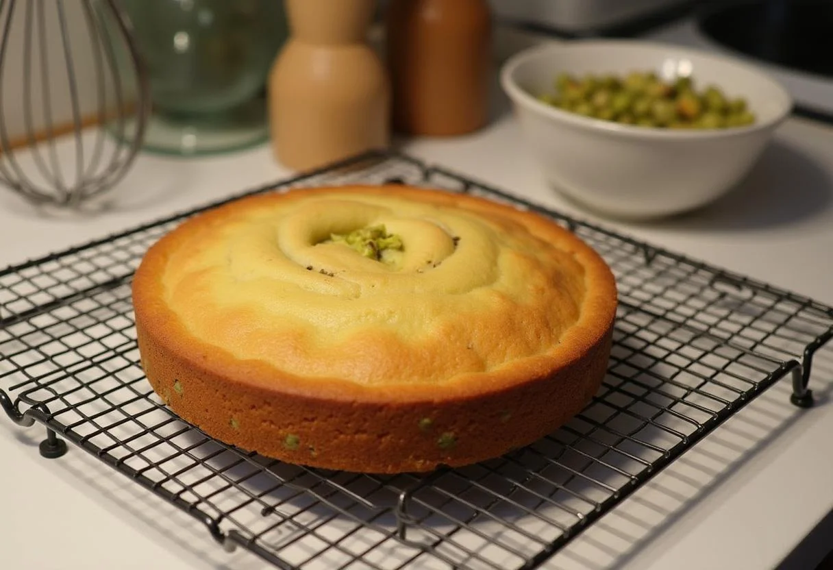 Gâteau à la pistache encore chaud sur une grille de refroidissement, montrant la texture dorée et sucrée du gateau aux pistache.