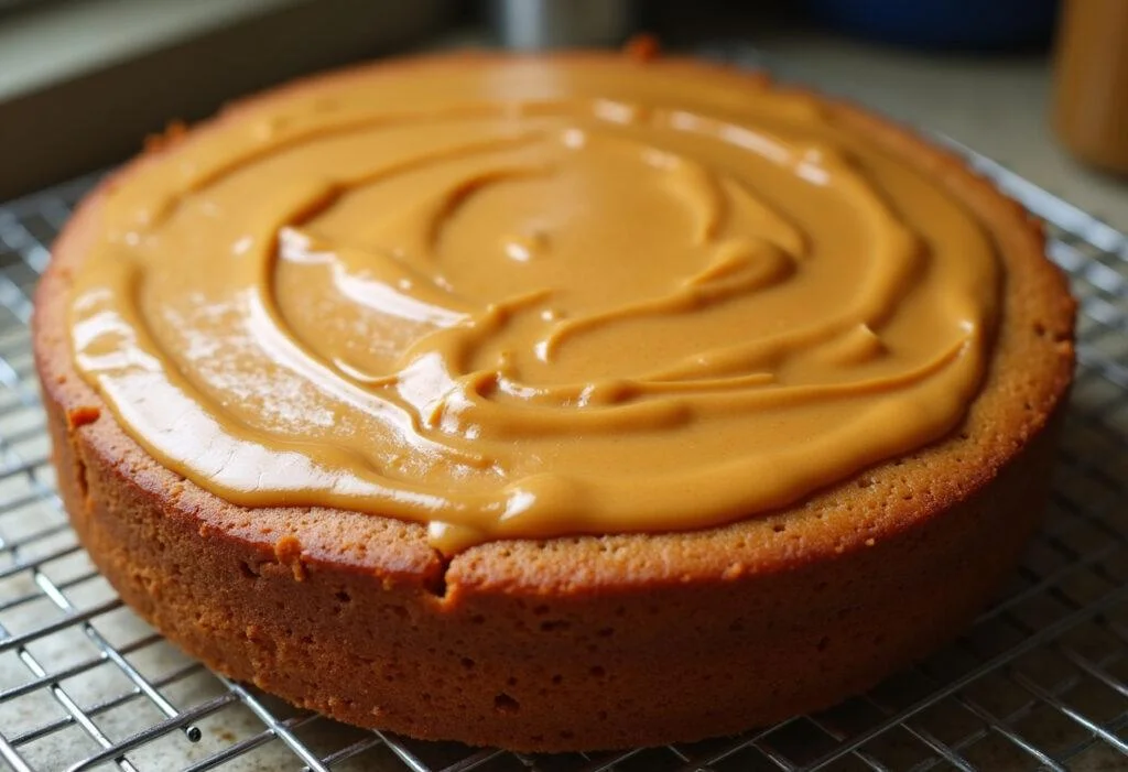 Gâteau au beurre de cacahuète, doré et arrosé de beurre de cacahuète fondu, exposé sur une grille.