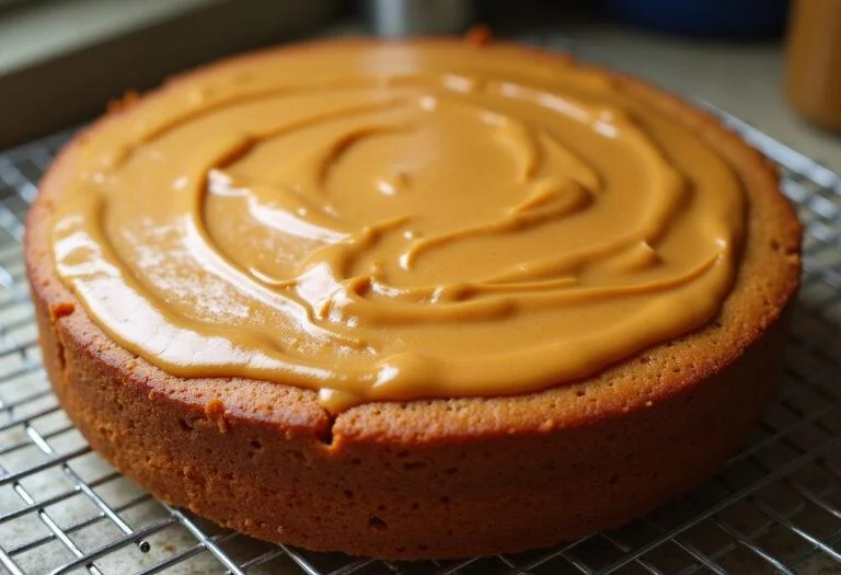 Gâteau au beurre de cacahuète, doré et arrosé de beurre de cacahuète fondu, exposé sur une grille.