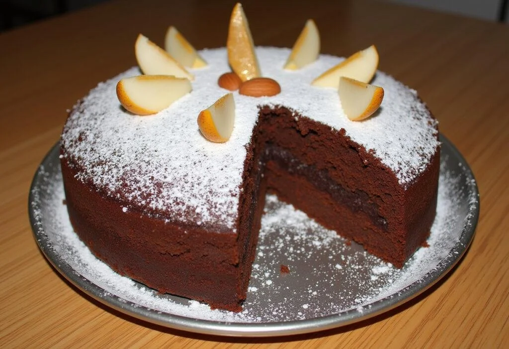 Gâteau au chocolat poire amande gourmand, élégant sur une table en bois, avec une touche de sucre en poudre et des amandes, un dessert maison irrésistible.