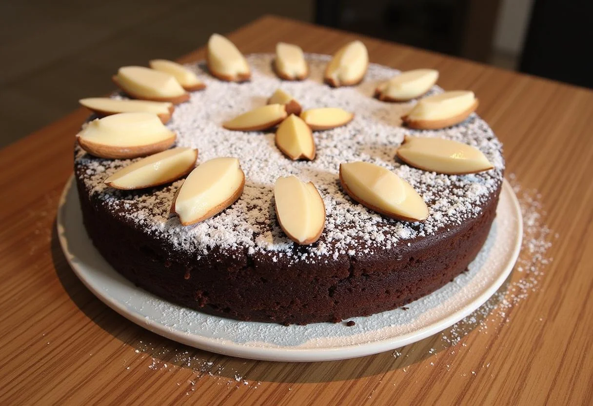 Gâteau au chocolat poire amande gourmand, élégant sur une table en bois, avec une touche de sucre en poudre et des amandes, un dessert maison irrésistible.