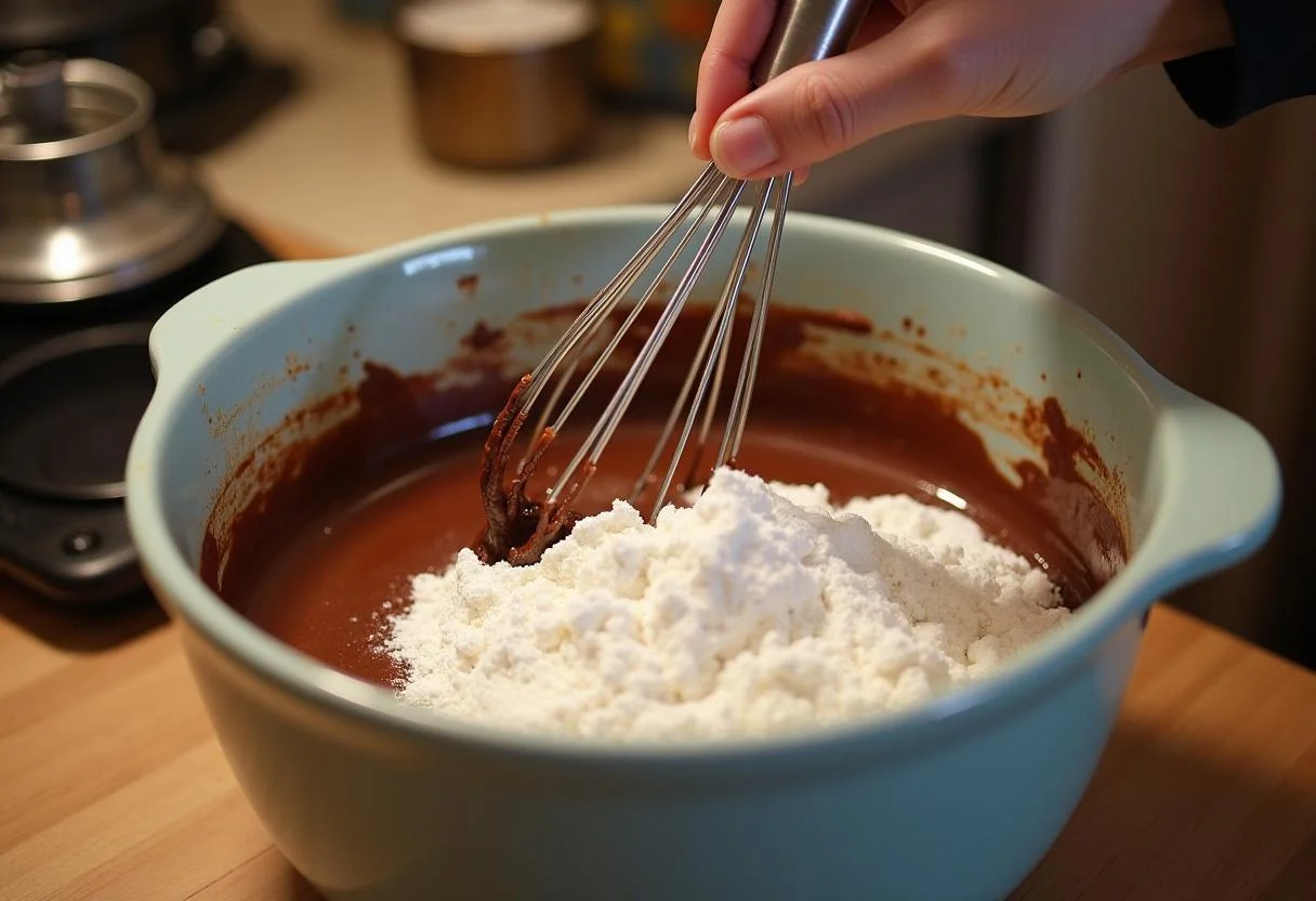 Mélanger le chocolat avec la farine et le sucre pour un gâteau moelleux au chocolat, ambiance de cuisine chaleureuse et accueillante.