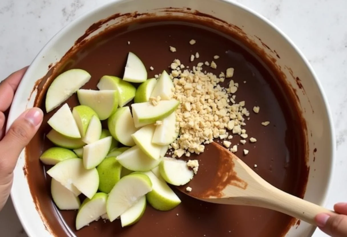 Ajout de poires tranchées et d'amandes hachées à la pâte de gâteau au chocolat, créant une saveur gourmande et délicieuse.