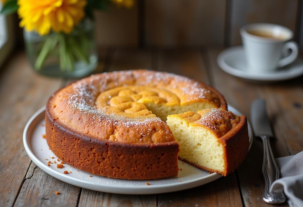 Un délicieux gâteau au yaourt au micro-ondes prêt à être dégusté, avec une ambiance chaleureuse autour.