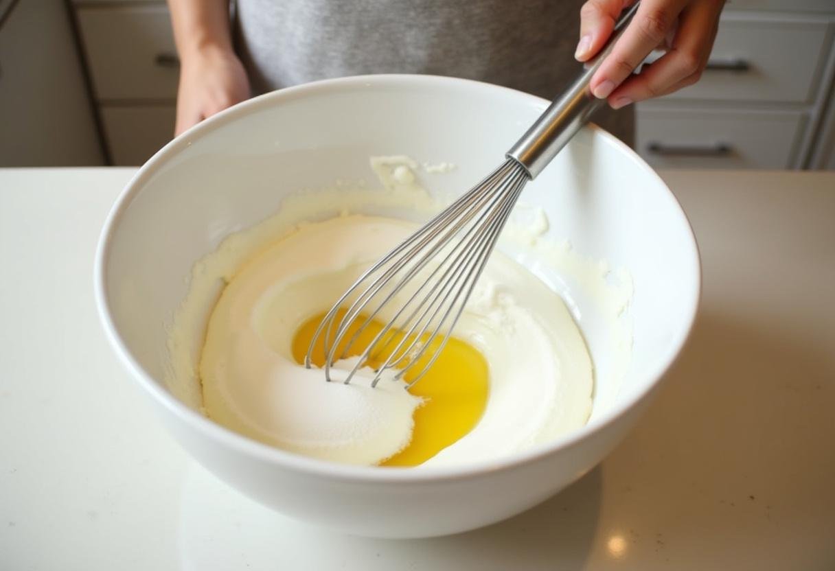 Battez le yaourt au sucre et à l'huile dans un bol pour la préparation du gâteau au micro-ondes au yaourt.