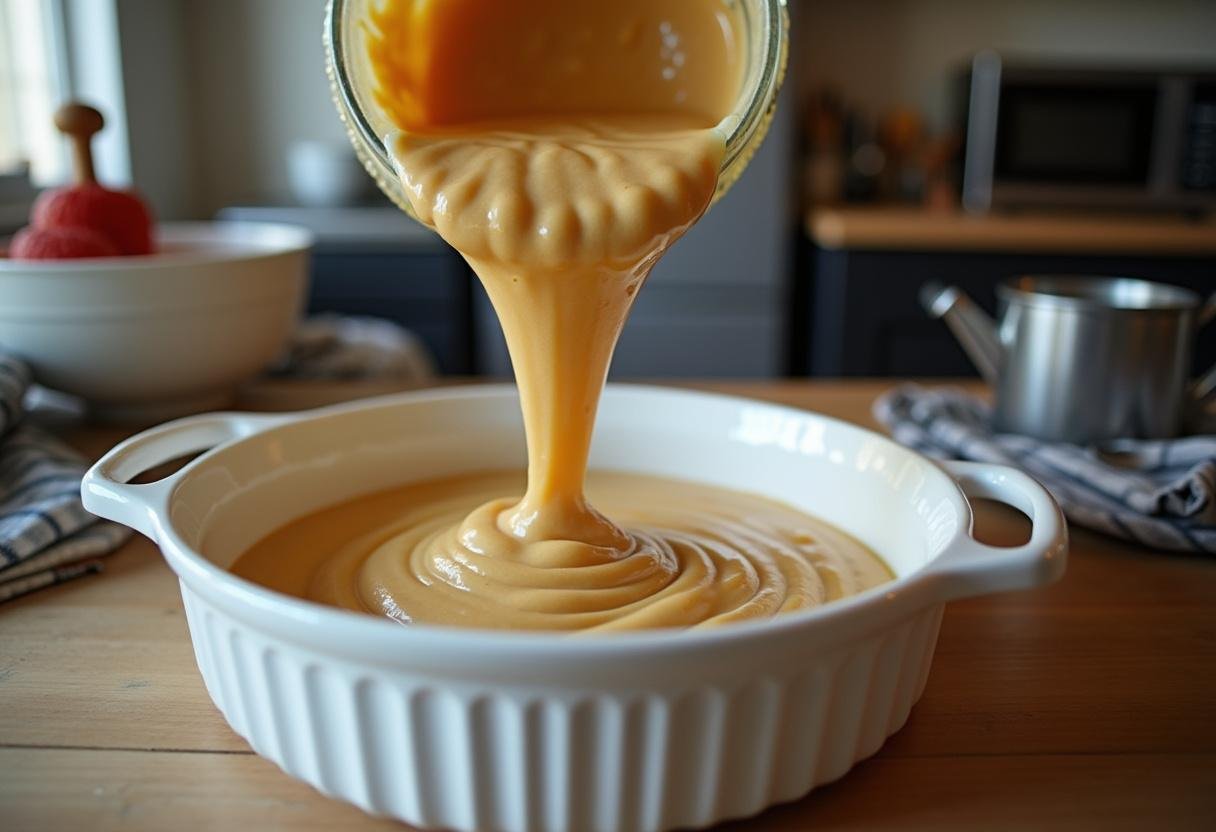 Versez la pâte dans un plat adapté au micro-ondes pour cuire le gâteau au yaourt au micro-ondes.