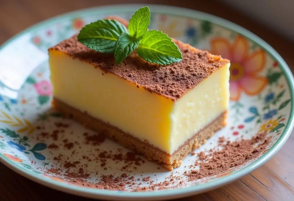 Une part de gâteau aux biscuits sans cuisson joliment présentée sur une assiette de dessert, soulignant l'élégance de ce gâteau au biscuit.