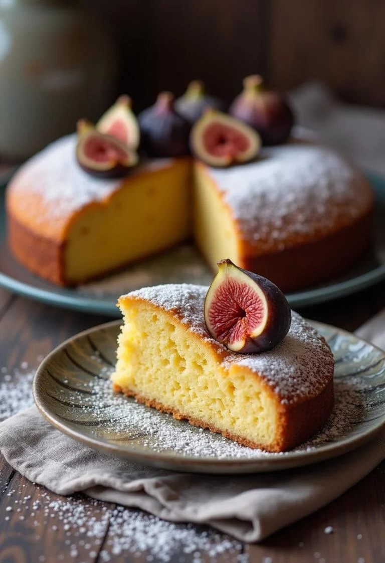 Gâteau aux figues fraiches et sèches magnifiquement présenté, offrant une délicieuse part, parfait pour les amateurs de desserts sucrés.
