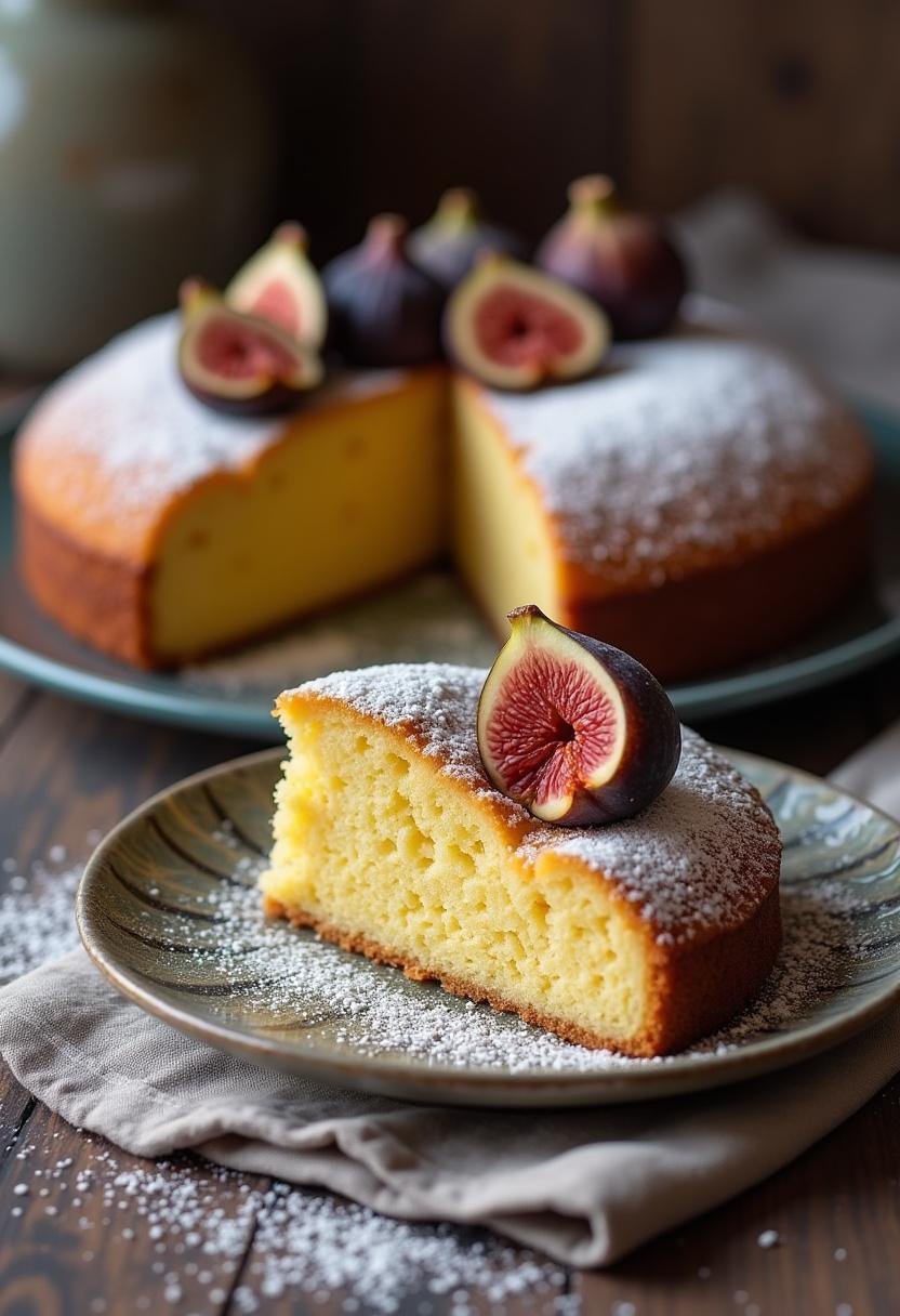 Gâteau aux figues fraiches et sèches magnifiquement présenté, offrant une délicieuse part, parfait pour les amateurs de desserts sucrés.