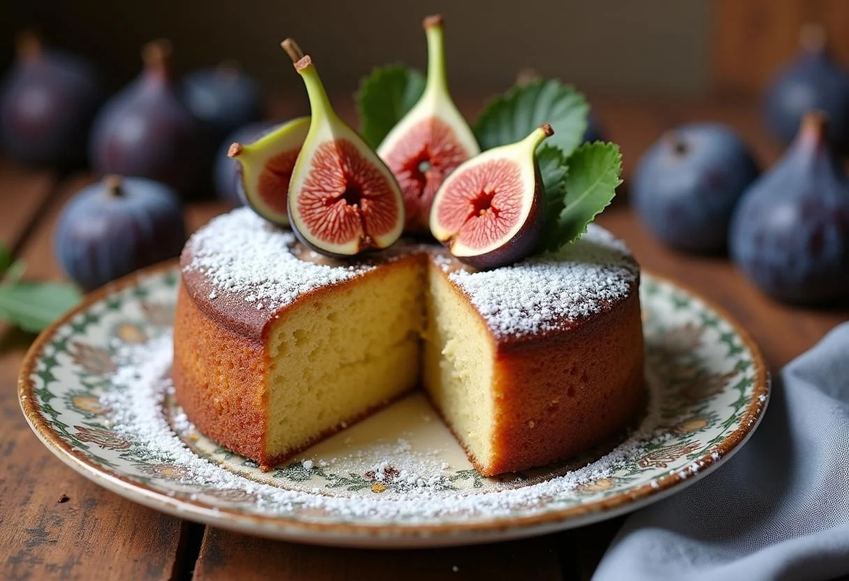 Gâteau aux figues fraiches et sèches magnifiquement présenté, offrant une délicieuse part, parfait pour les amateurs de desserts sucrés.